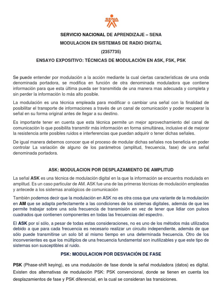 Ensayo - Tecnicas de Modulacion en Ask - FSK - PSK | PDF | Modulación ...