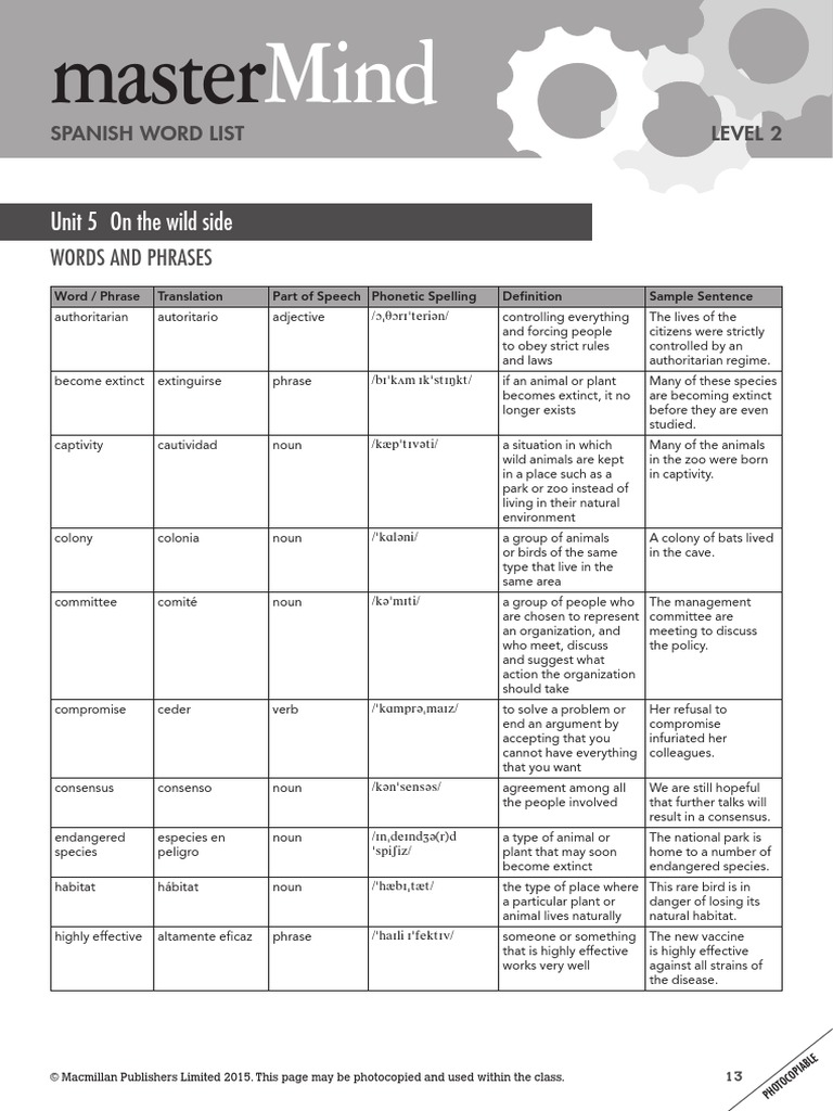 Mastermind 2 Unit 5 Wordlist - Spanish | PDF | Noun | Part Of Speech
