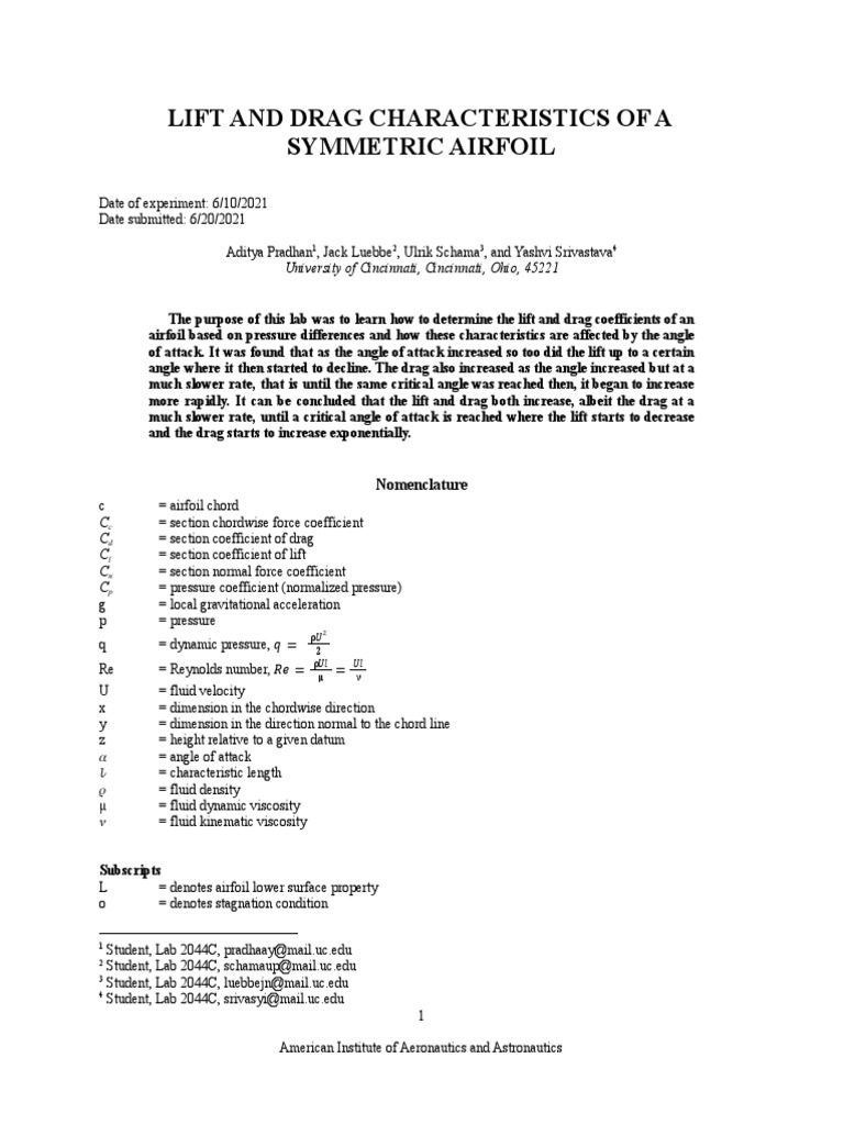Lab 2 - Lift and Drag Characteristics of A Symmetric Airfoil | PDF ...