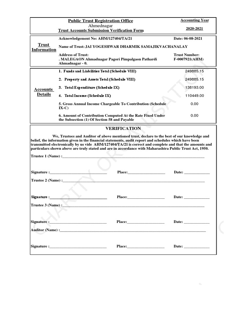 Trust Accounts Verification Form 2021 | PDF | Financial Statement ...