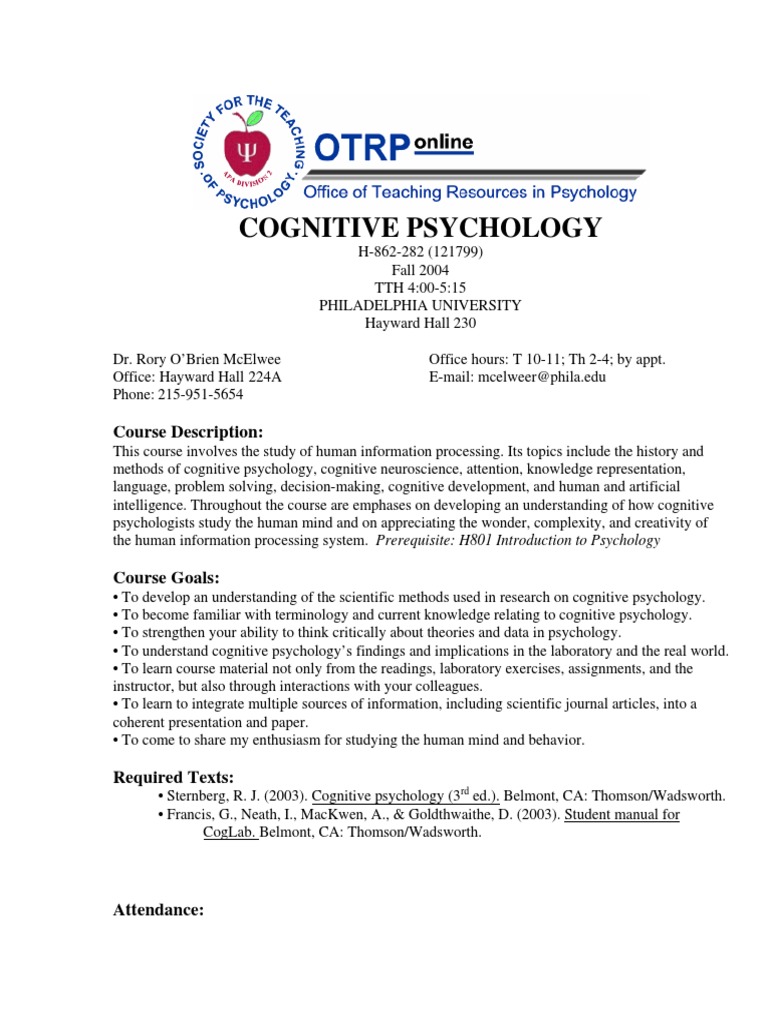 Cognitive Psychology: Course Description | PDF | Cognition | Psychology