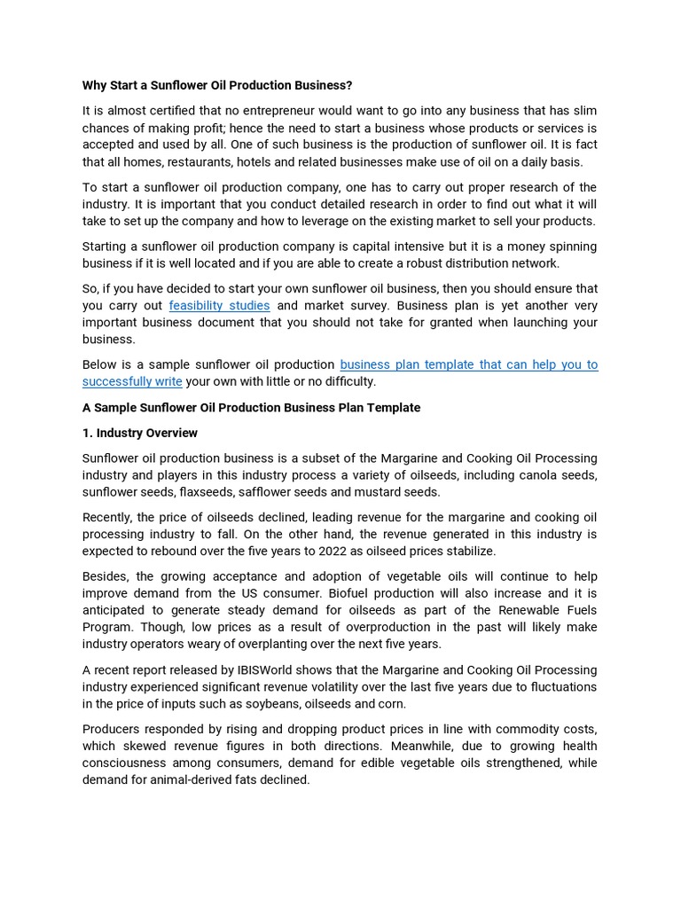 A Sample Sunflower Oil Production Business Plan Template PDF