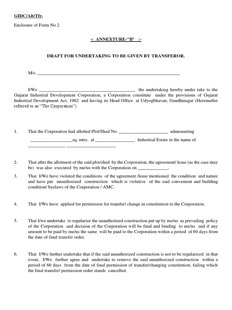 GIDC Plot Transfer Undertaking Template | PDF | License | Lease