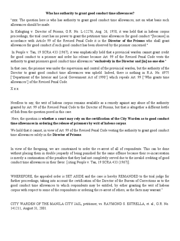 Good Conduct Time Allowances PDF Habeas Corpus Judiciaries