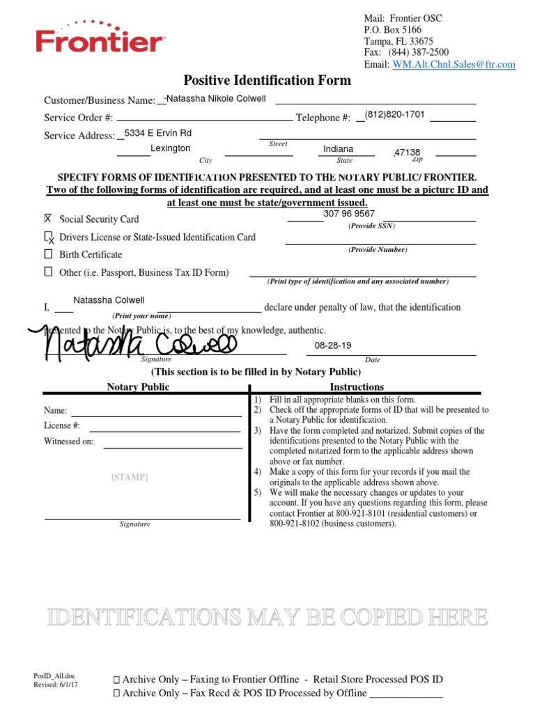Positive Identification Form: Customer/Business Name