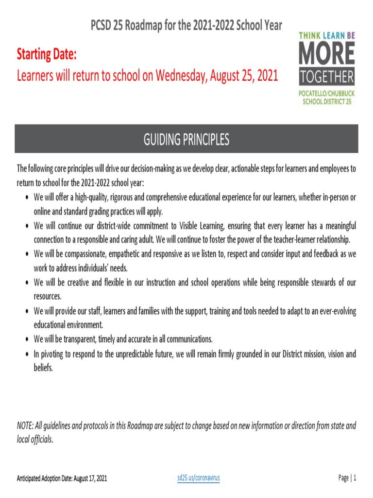 PCSD 25 Roadmap For The 20212022 School Year PDF Schools Health