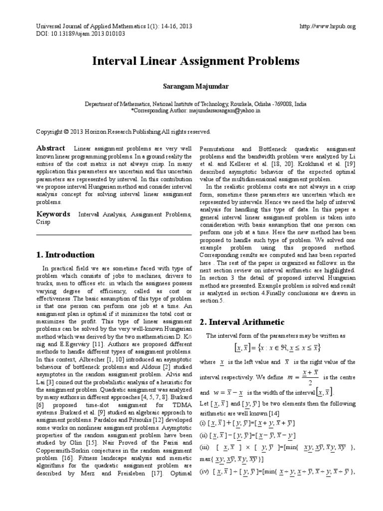 Interval Linear Assignment Problems: Sarangam Majumdar | PDF | Matrix ...