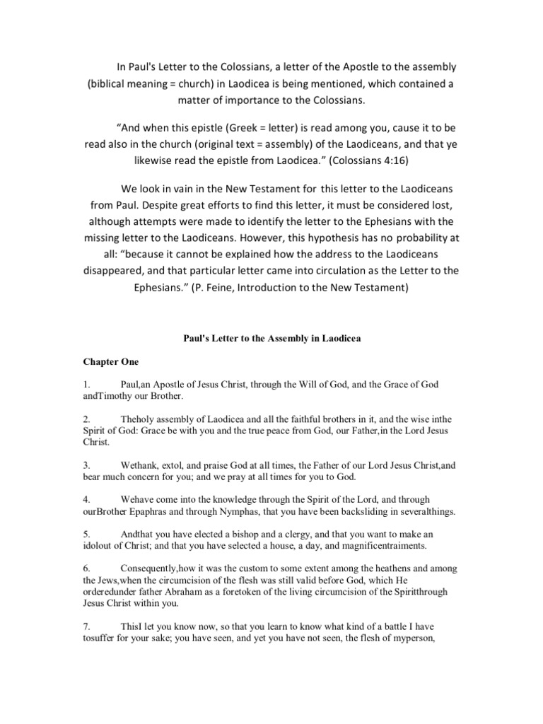 Paul's Letter to the Assembly in Laodicea missing in any bible