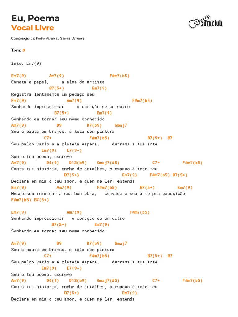 Cifra Club - Vocal Livre - Eu, Poema PDF