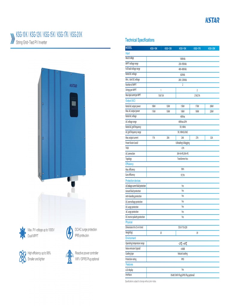 Kstar KSG 10K-20K Inverter Specs | PDF | Alternating Current | Power ...