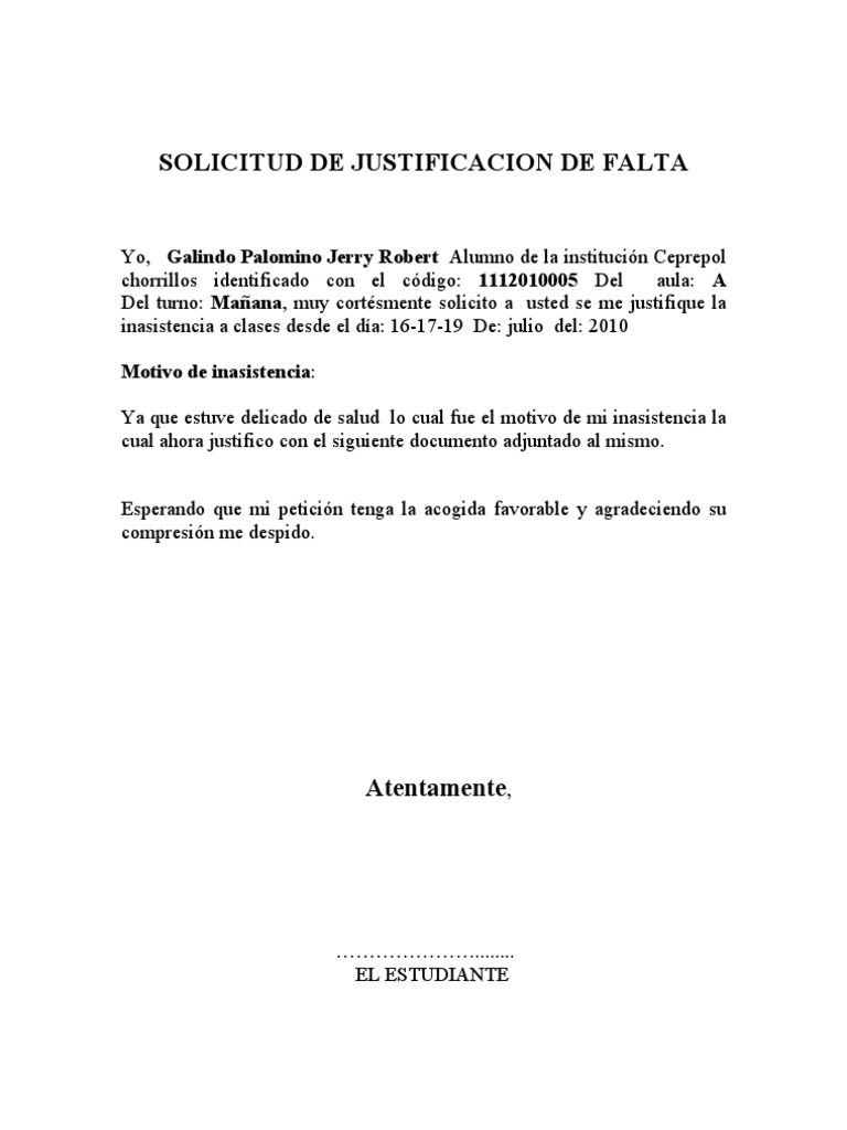 SOLICITUD DE JUSTIFICACION DE FALTA