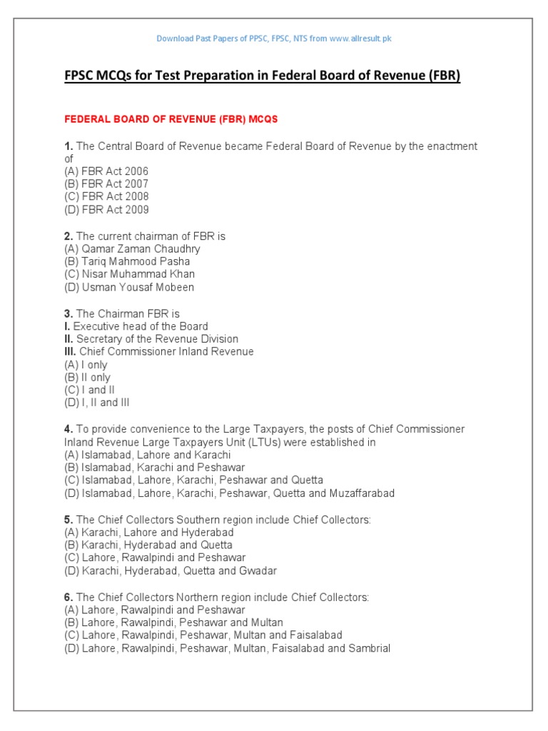 FBR Test Preparation MCQs Guide | PDF | Taxes | Value Added Tax