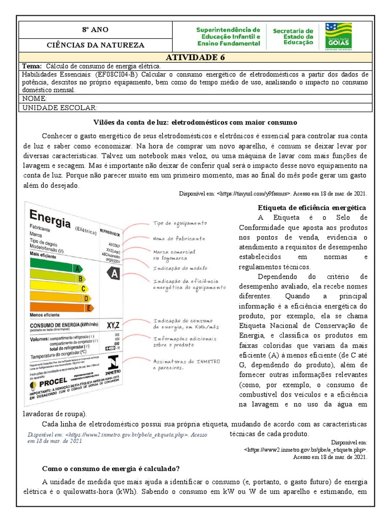 Atividade 6 - 8º Ano - CN - Cálculo de Consumo de Energia Elétrica ...
