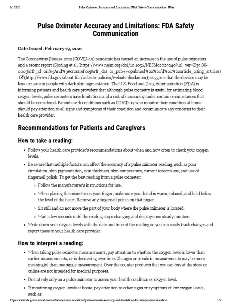 Pulse Oximeter Accuracy and Limitations FDA Safety Communication