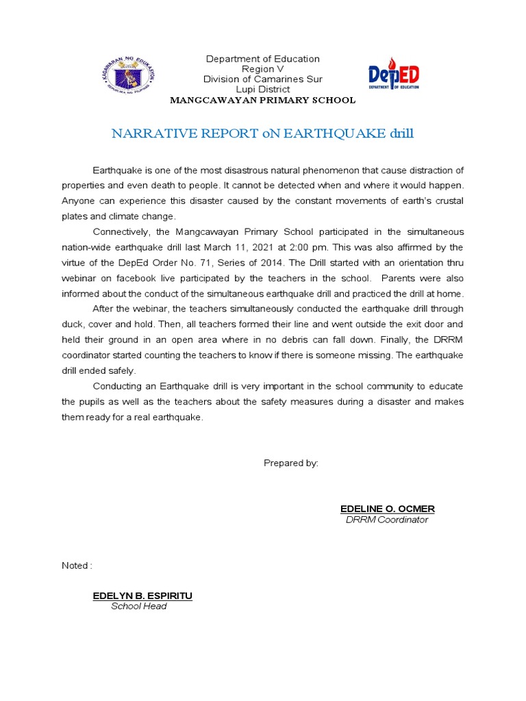 Narrative Report On Earthquake Drill Mangcawayan Primary School PDF