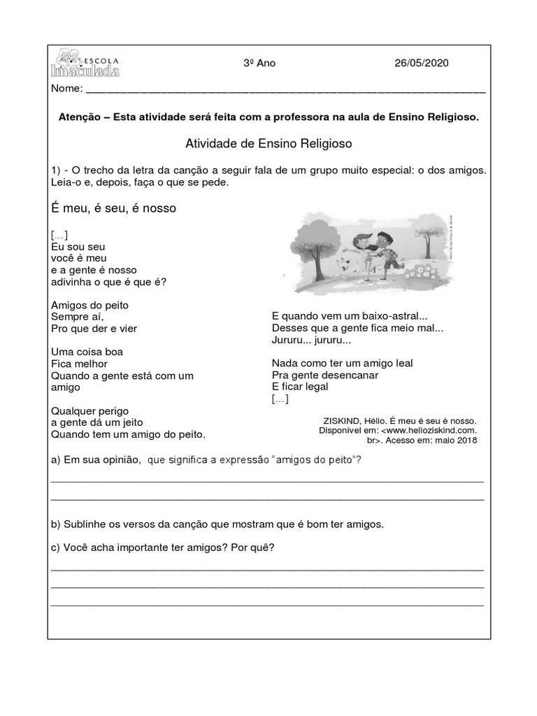 Atividade de Ensino Religioso 3º Ano 26 05 | PDF | Autoajuda