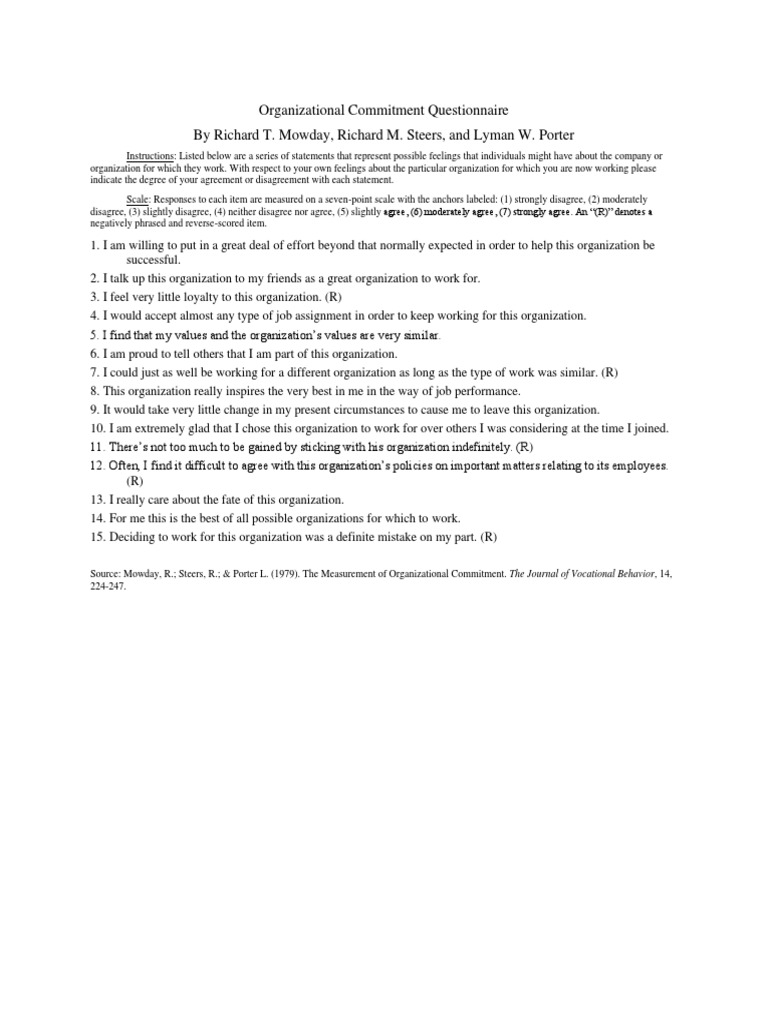 Organizational Commitment Questionnaire Examples – BBAXXH