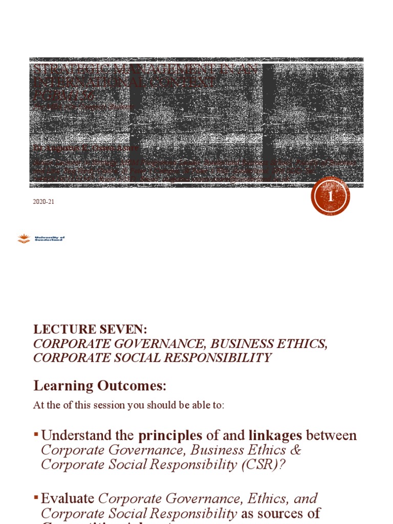 Corporate Governance & Ethics MBA Lecture | PDF | Corporate Social ...