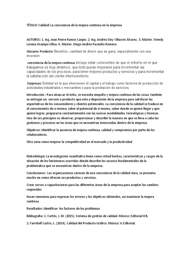 Mejora Continua y Calidad Empresarial | PDF | Calidad (comercial ...