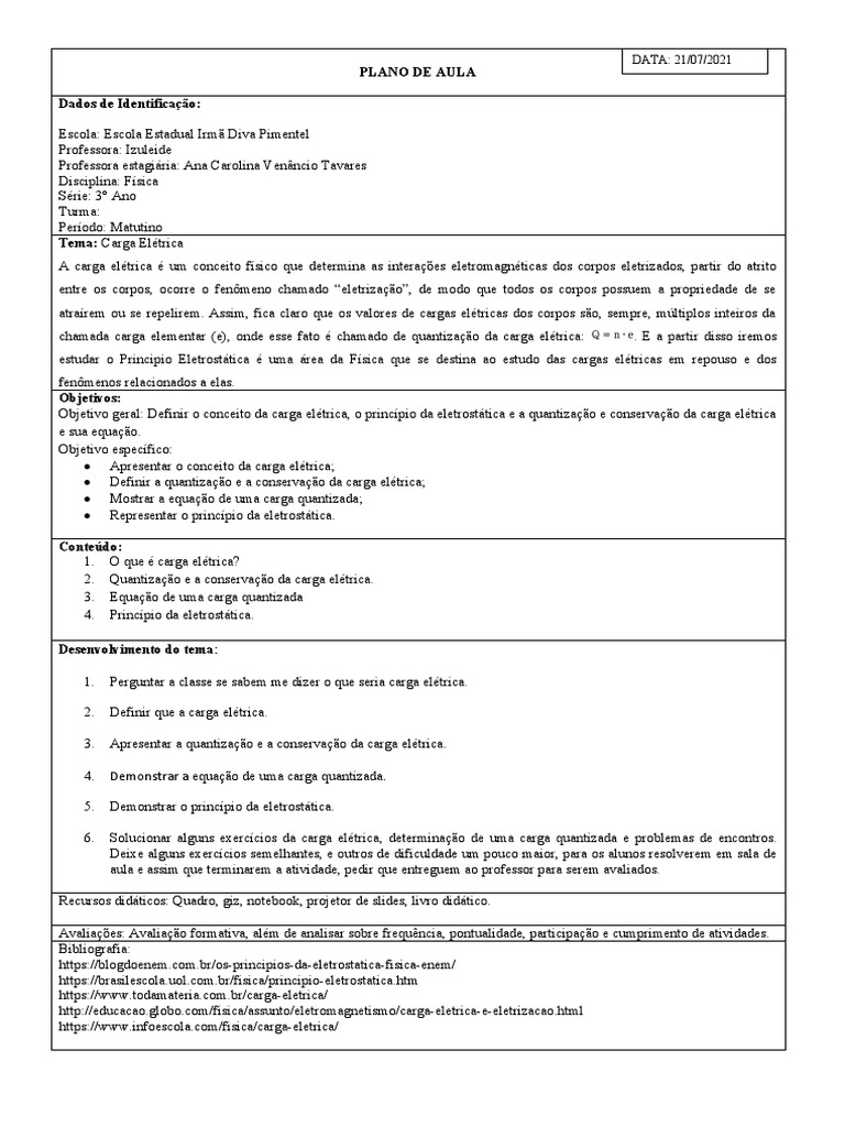PLANO DE AULA 3 Ano | PDF | Carga elétrica | Eletricidade