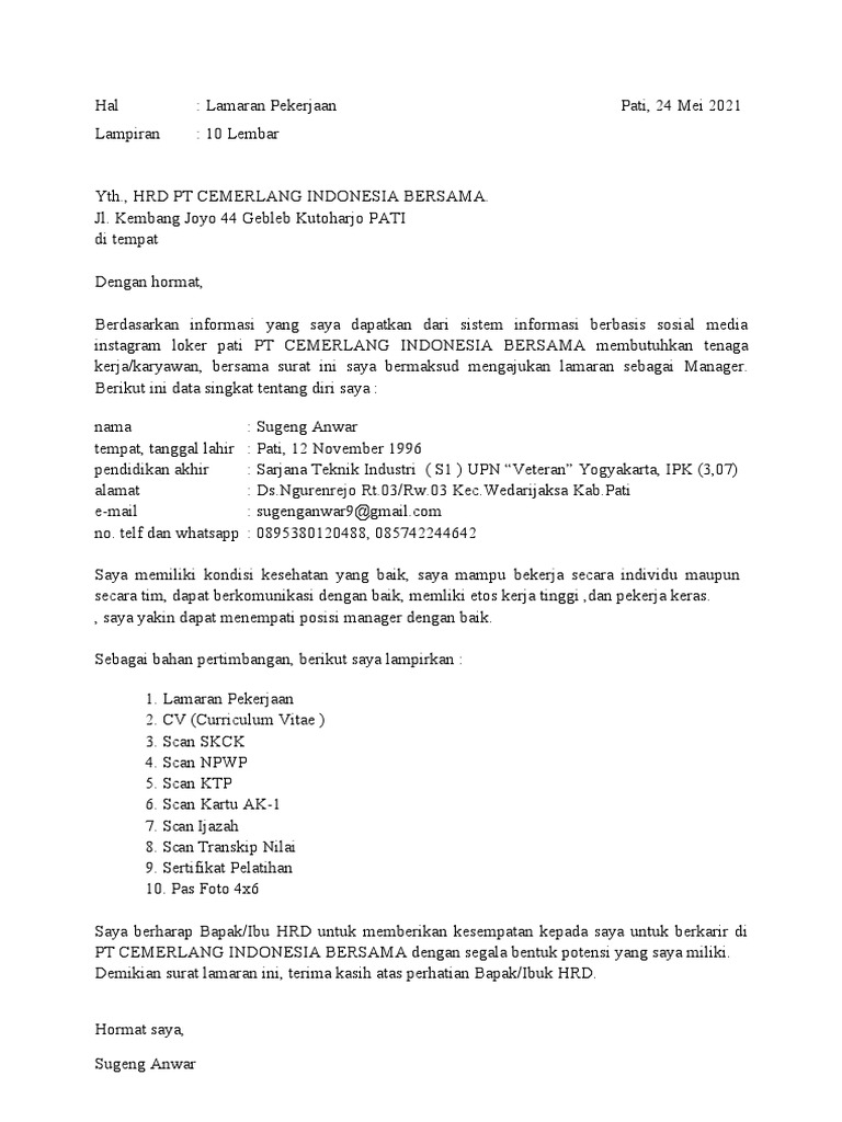 surat lamaran via email beserta lampirannya