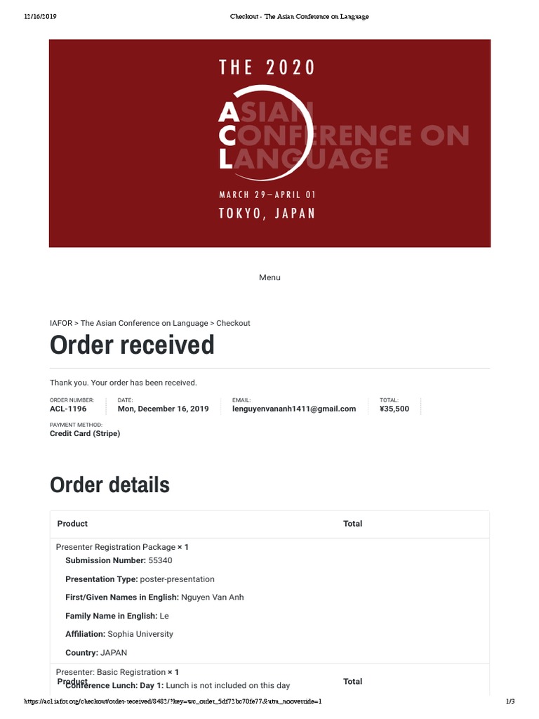 ACL 2019 Registration Confirmation | PDF | Academia | Communication
