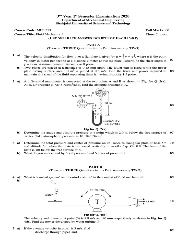 Fluid Mechanics Exam Questions 2020 | PDF | Pressure | Pressure Measurement