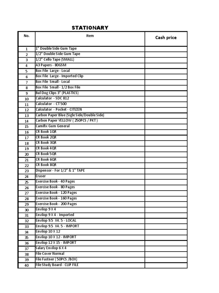 Stationary List | PDF | Equipment | Stationery