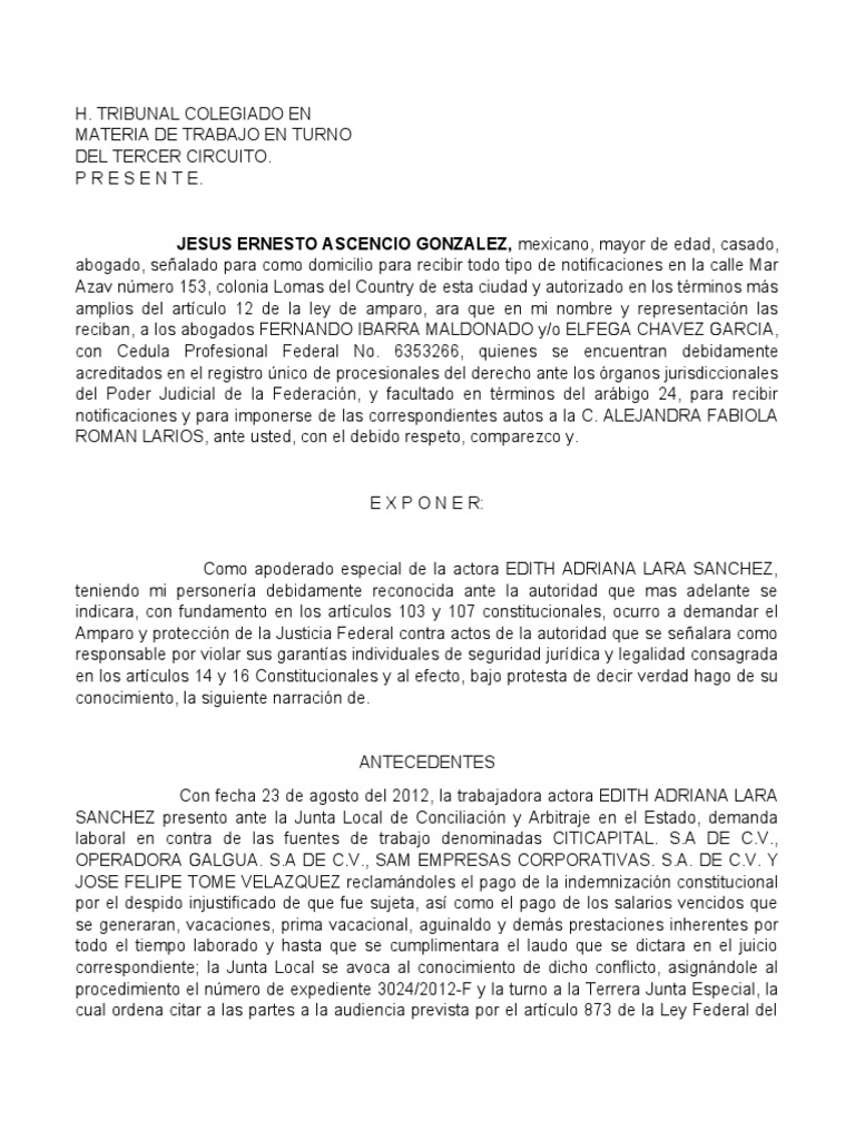 Amparo por Laudo Laboral Injusto | PDF | Caso de ley | Demanda judicial
