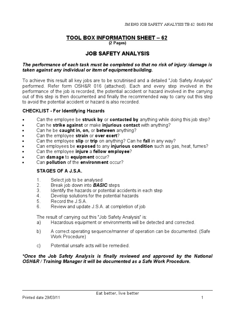 Job Safety Analysis Checklist Guide | PDF | Labour Relations | Public ...