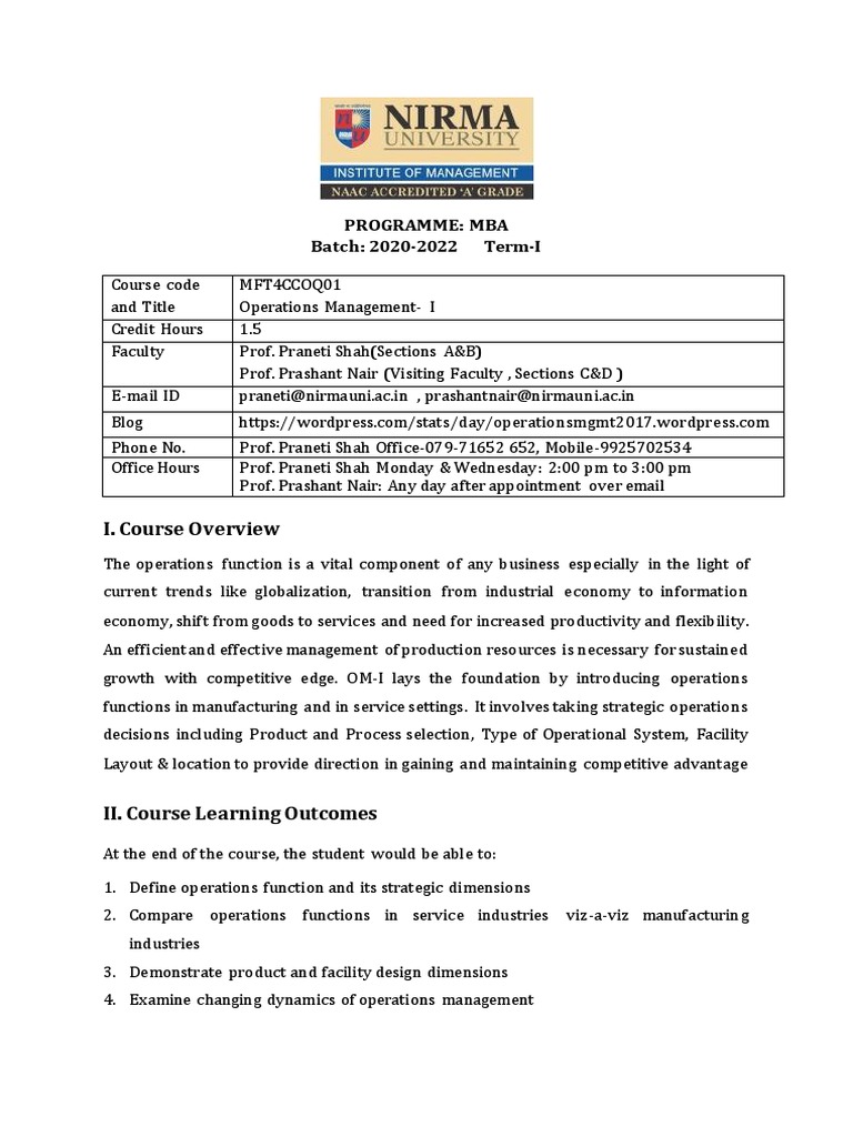 MBA Operations Management Course Overview | PDF | Operations Management ...