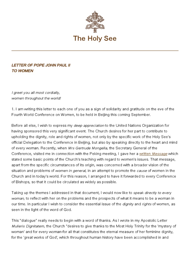 Pope John Paul II's Letter to Women | PDF | Catholic Church | Mary, Mother Of Jesus