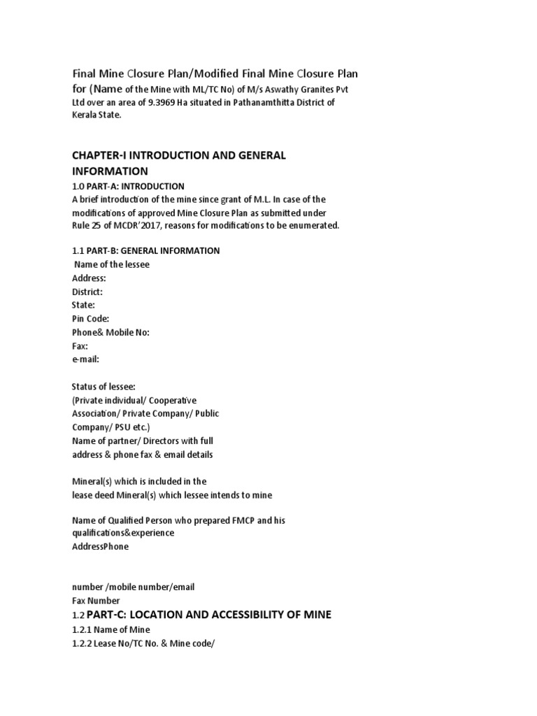 Final Mine Closure Plan Pdf Mining
