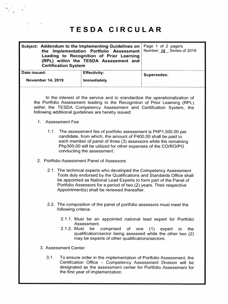 TESDA RPL Portfolio Assessment Guidelines | PDF | Educational ...
