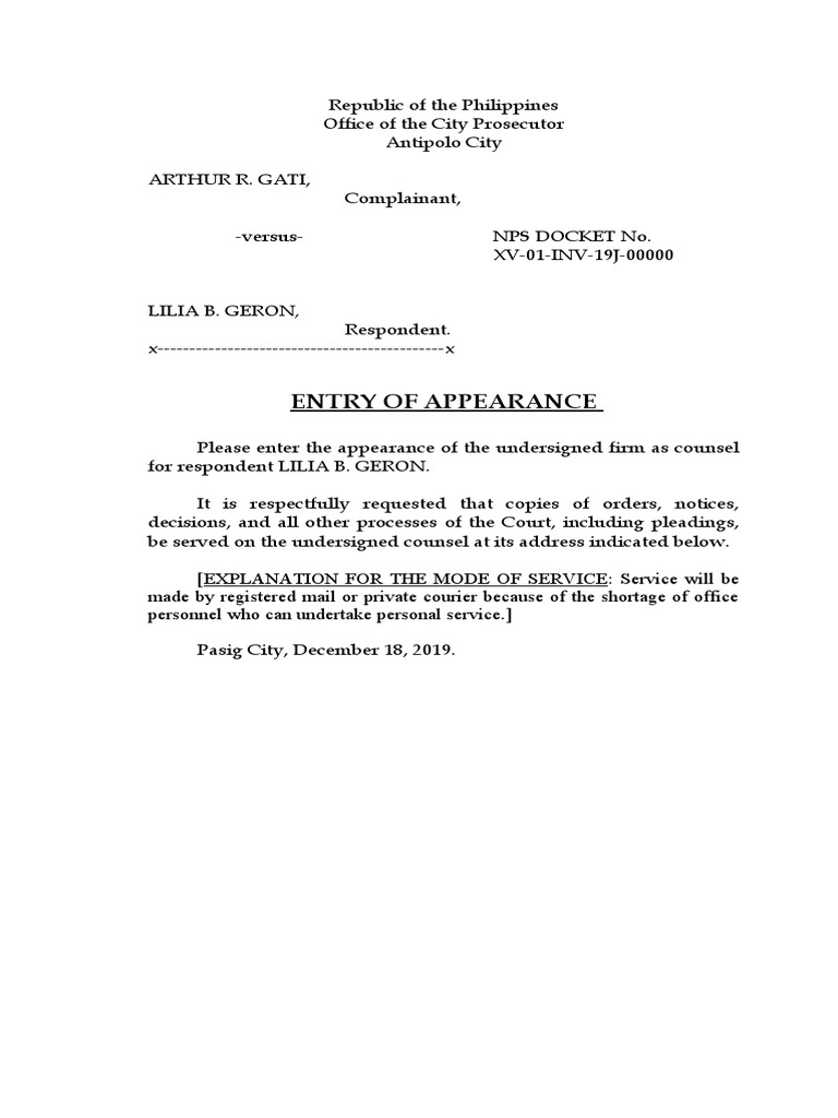 Entry of appearance sample pdf