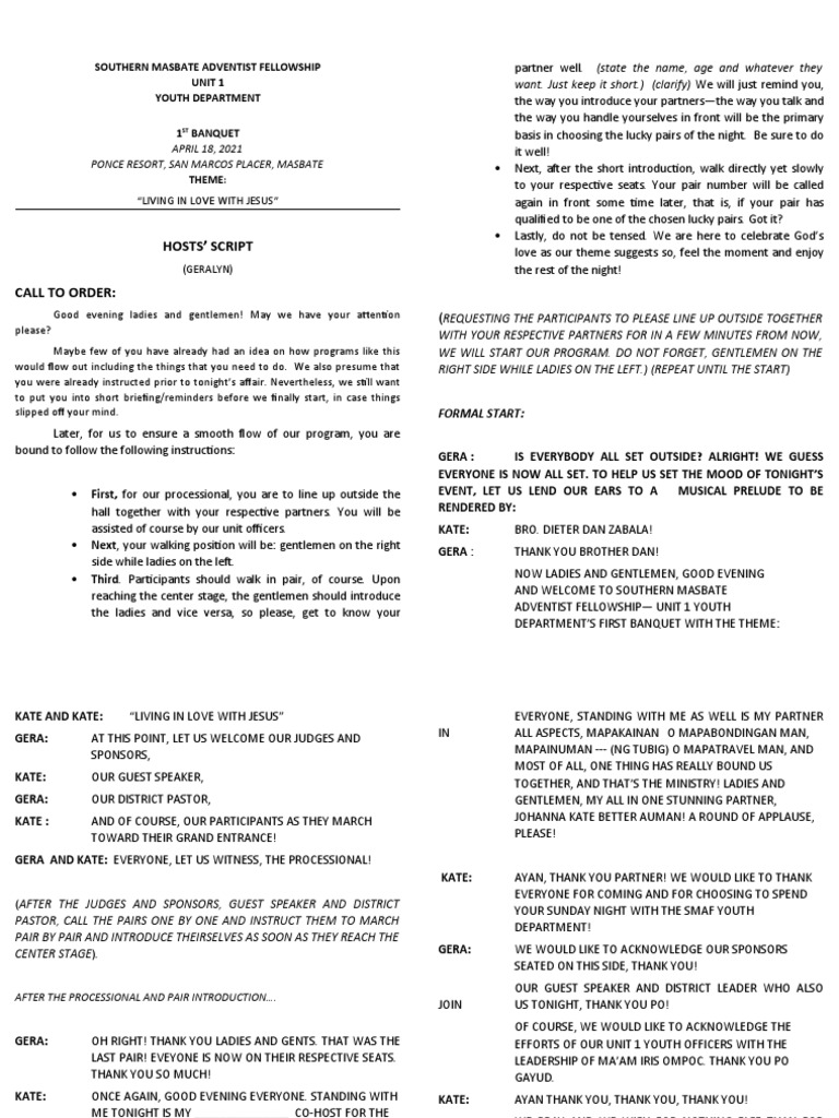 Youth Fellowship Banquet Program Script | PDF