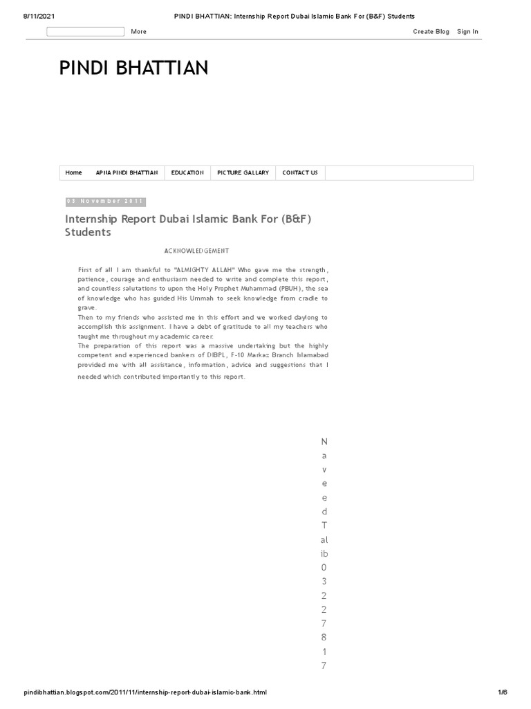 PINDI BHATTIAN Internship Report Dubai Islamic Bank For (B&F