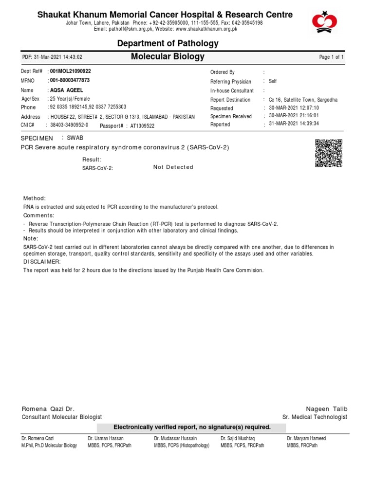 SARS-CoV-2 RT-PCR Test Report | PDF | Reverse Transcription Polymerase ...