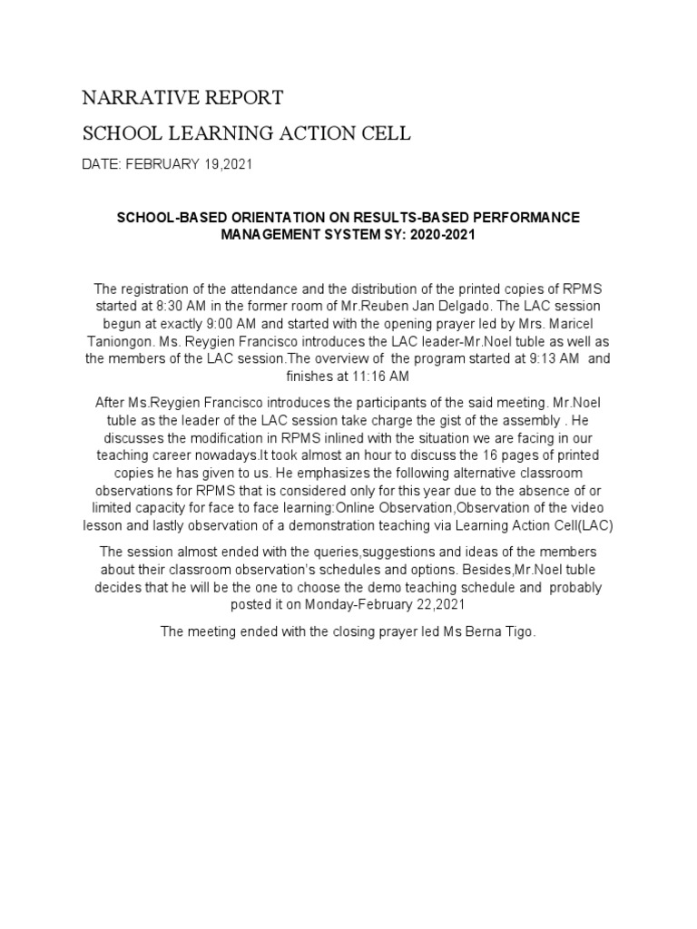 Lac Session On Rpms (Narrative Report Feb.21,2021) | PDF
