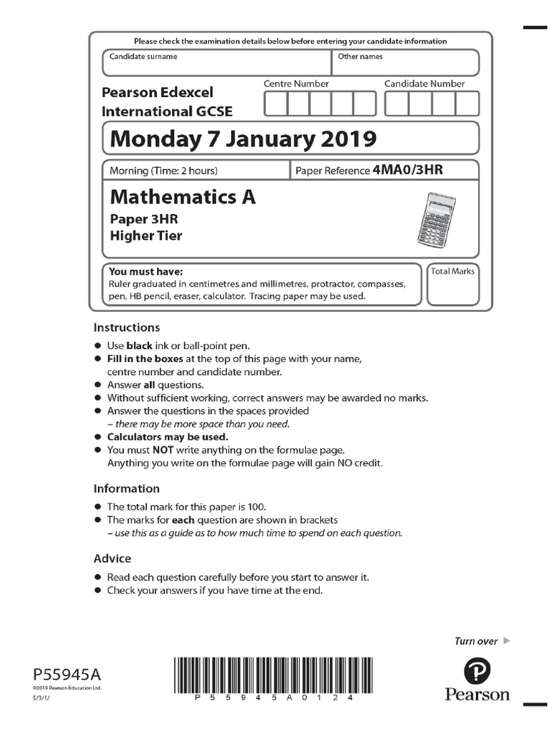 January 2019 Math Exam Paper | PDF | Equations | Area