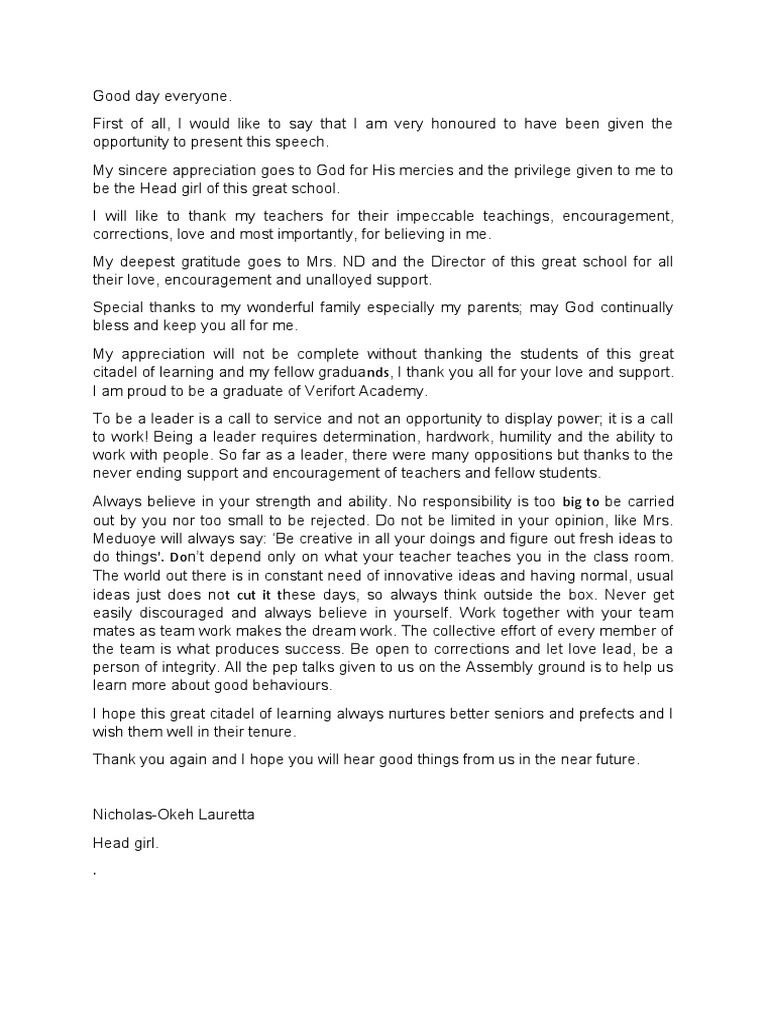 Head Girl Speech PDF