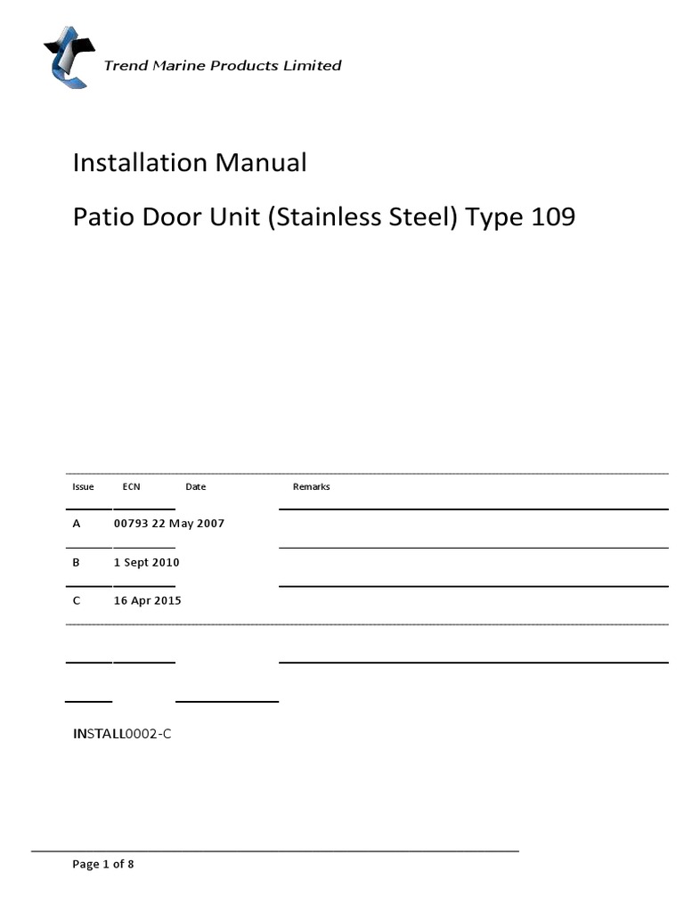 Installation Manual Patio Door Unit (Stainless Steel) Type 109 | PDF ...