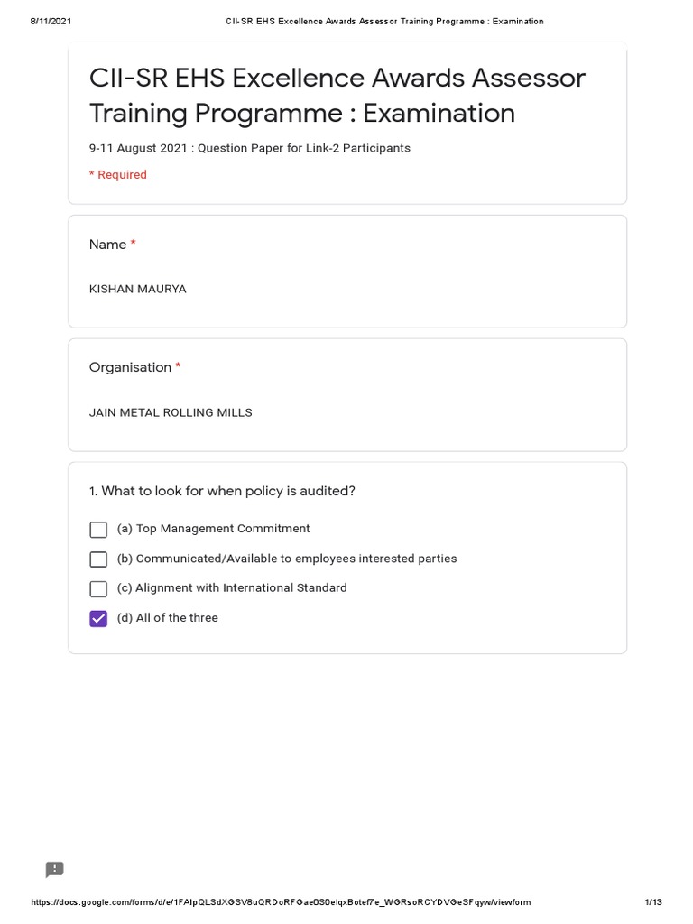 Cii Sr Ehs Excellence Awards Assessor Training Programme Examination