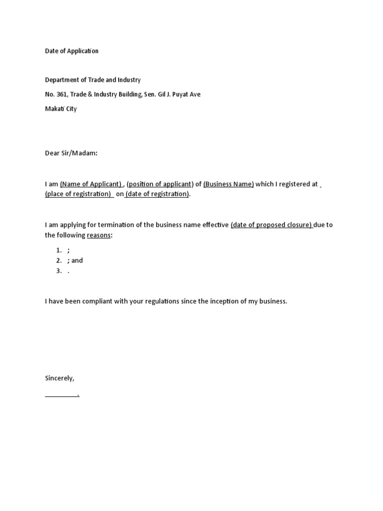 DTI Letter of Request For Cancellation of Business Name | PDF