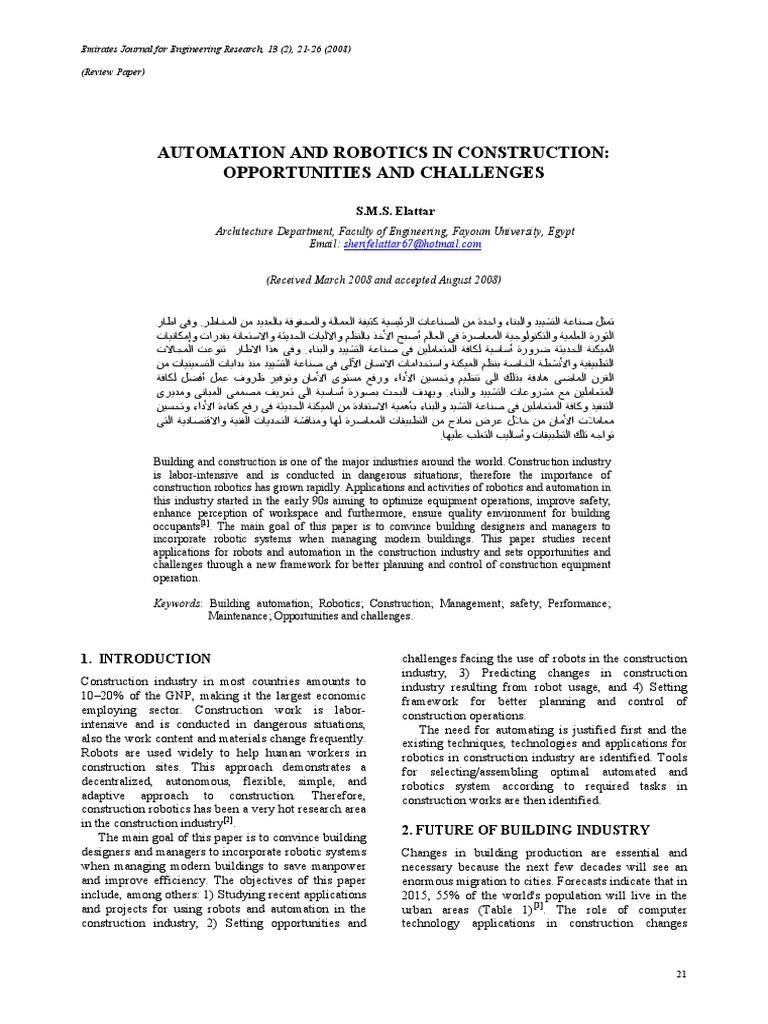 Robotics and Automation in Construction | PDF | Technology & Engineering