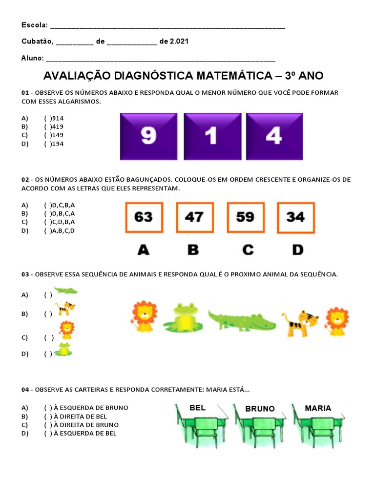 Avaliação Diagnóstica 3º Ano Matemática | PDF | Métodos e Materiais de ...
