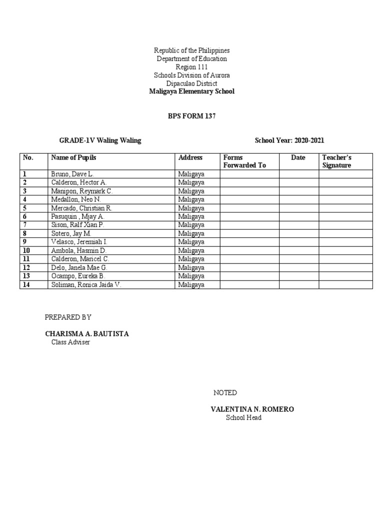 BPS Form 137 for Grade IV Students | PDF