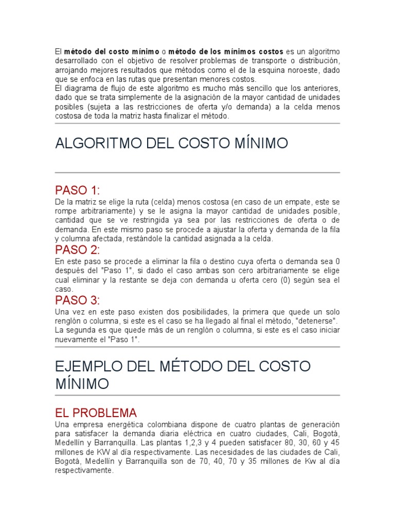 Método de Costo Mínimo en Transporte | PDF | Algoritmos | Matriz ...