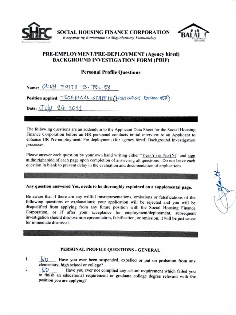 SHFC Background Investigation Form | PDF | Bankruptcy | Lawsuit