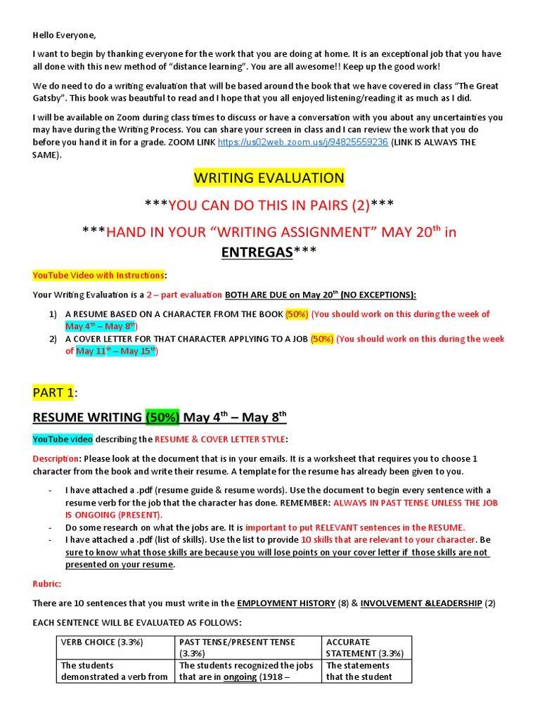 Writing Evaluation for Gatsby Characters | PDF | Résumé | English As A ...